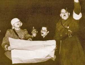 From left, students Corky Kirkpatrick, Makota Tsuda and Ted Winbigler portray the three Axis leaders in a 1941 chapel skit.