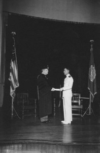 At the final NARU graduation ceremonies in 1945, Navy Lt. Merlin Shultz presented a special citation and award to President Grier.