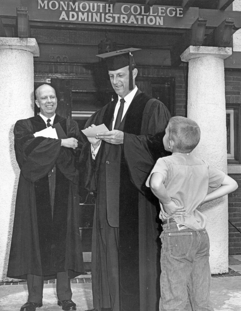 Musial signs an autograph in front of the administration building. The young fan is Dave Behnke, son of Dottie Behnke ’49 and the late Gene Behnke ’51. Looking on is Thom Hunter, another honorary degree recipient at the 1962 commencement.