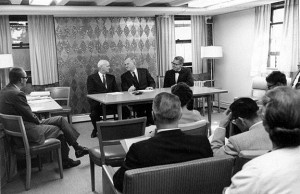 A college board meeting is held in the former game room of the Brown house in the early 1960s.