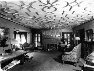 Probably taken in the 1920s, this view of the library shows off the dramatic cast plaster ceiling, designed by architect Herbert Heweitt.
